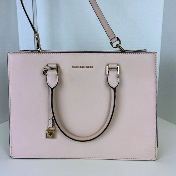 Michael Kors Medium Sutton Gusset Satchel Crossbody Handle Bag Soft Pink w Charm - Picture 1 of 13